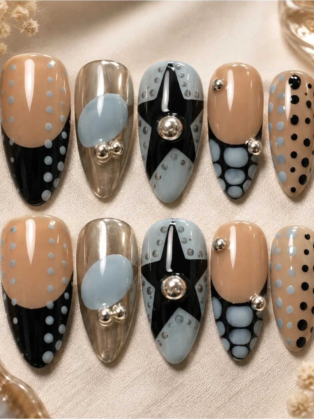 Nude, Powder Blue & Black Decorative Press-On Nail Set